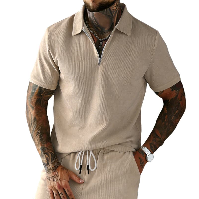 Cross-border Summer Casual Men's Retro Corduroy Zip Short Sleeve Polo Shirt Wholesale