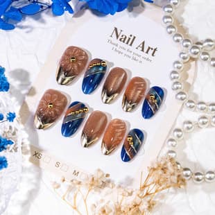 French Carved Cat Eye Gradient Handmade Wearable Nails Glass Bead Cat Eye Nails Medium-Long Simple Wearable Nails