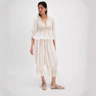 2025 Europe/US Cross-border Early Spring New Cutout Lace Tie Homewear Women's Comfortable Skin-Friendly Sleepwear Mid-Length Pants