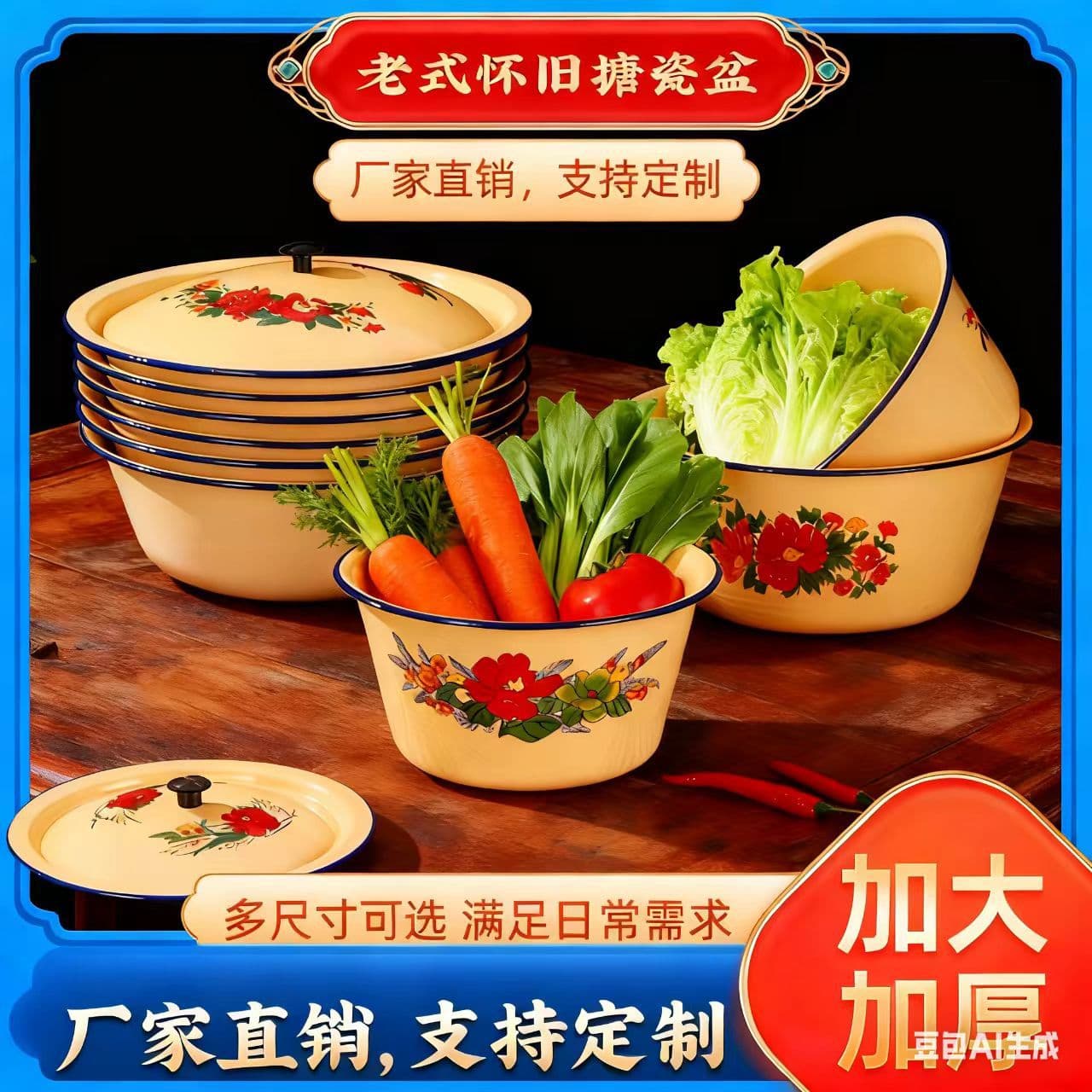 Old-fashioned enamel basin with lid, thickened, nostalgic dumpling filling bowl, seasoning and medicine decocting bowl, deepened household lard basin.