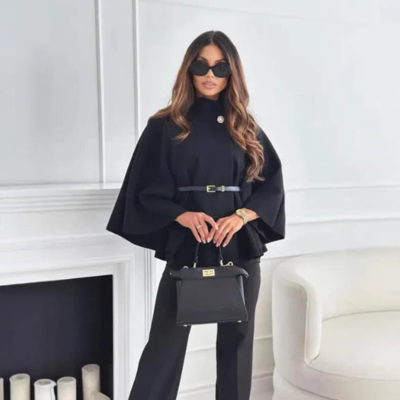 Cross-border Amazon European and American Women's Winter Fashion Elegant Solid Color Waist-tied Belted Wool Cape Coat