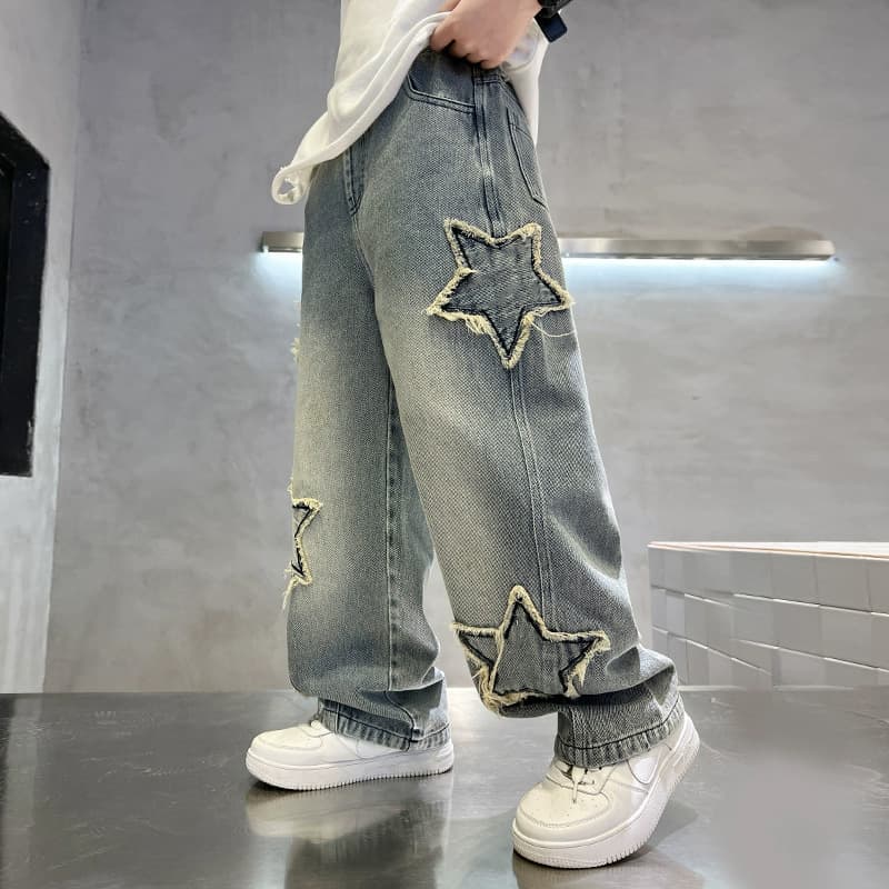 Boys' Spring Autumn Jeans Five-Point Star Kids Pants Long Straight Leg Pants for Middle and Older Children Spring Wear