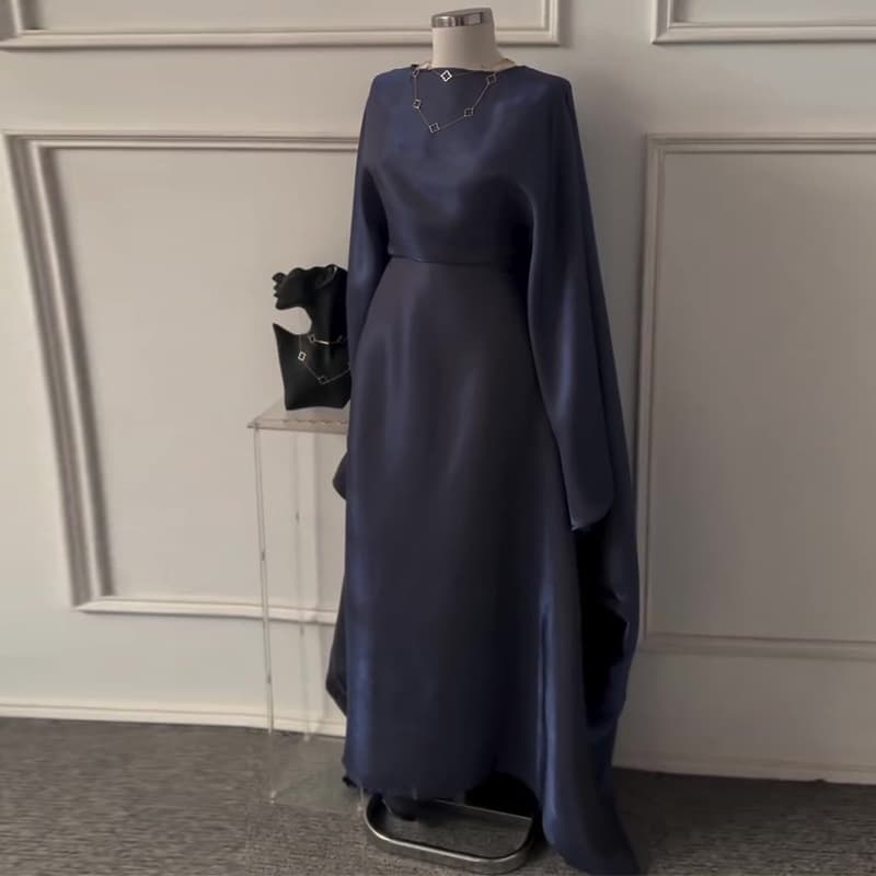 2026 Amazon Cross-Border Trade New Women's Dress for Europe and America, Navy Blue, Round Neck, Long Sleeve, Simple Waist-Tightening Design