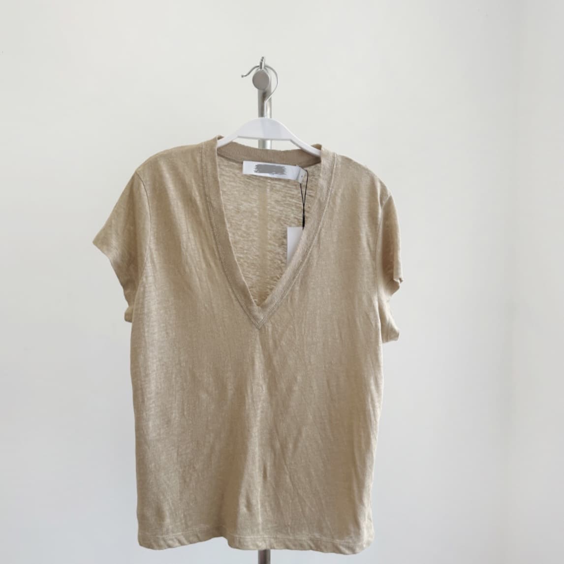 Ready in stock/Zhao Lusi's same style summer French shoulder V-neck short-sleeved linen T-shirt tops for women