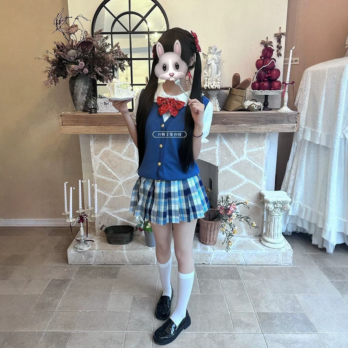 2026 Bubble Water JK Uniform Summer Plaid Skirt Knit Vest School Blue Sweater Soft Girl Top