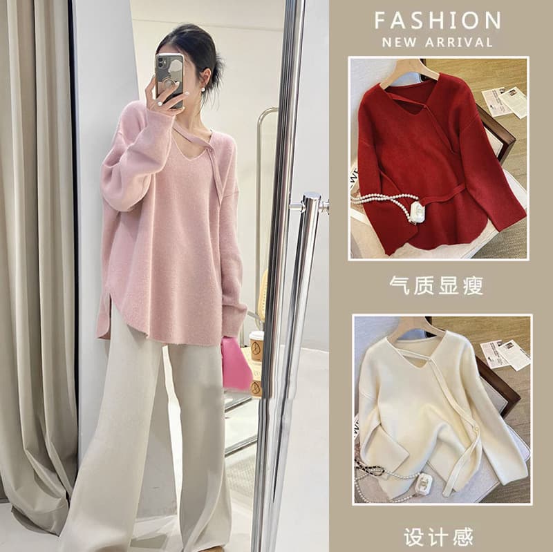 Maternity Wear Plus Size V-Neck Knit Top Autumn/Winter New Arrival Korean Design Loose Slimming Lazy Pullover Sweater