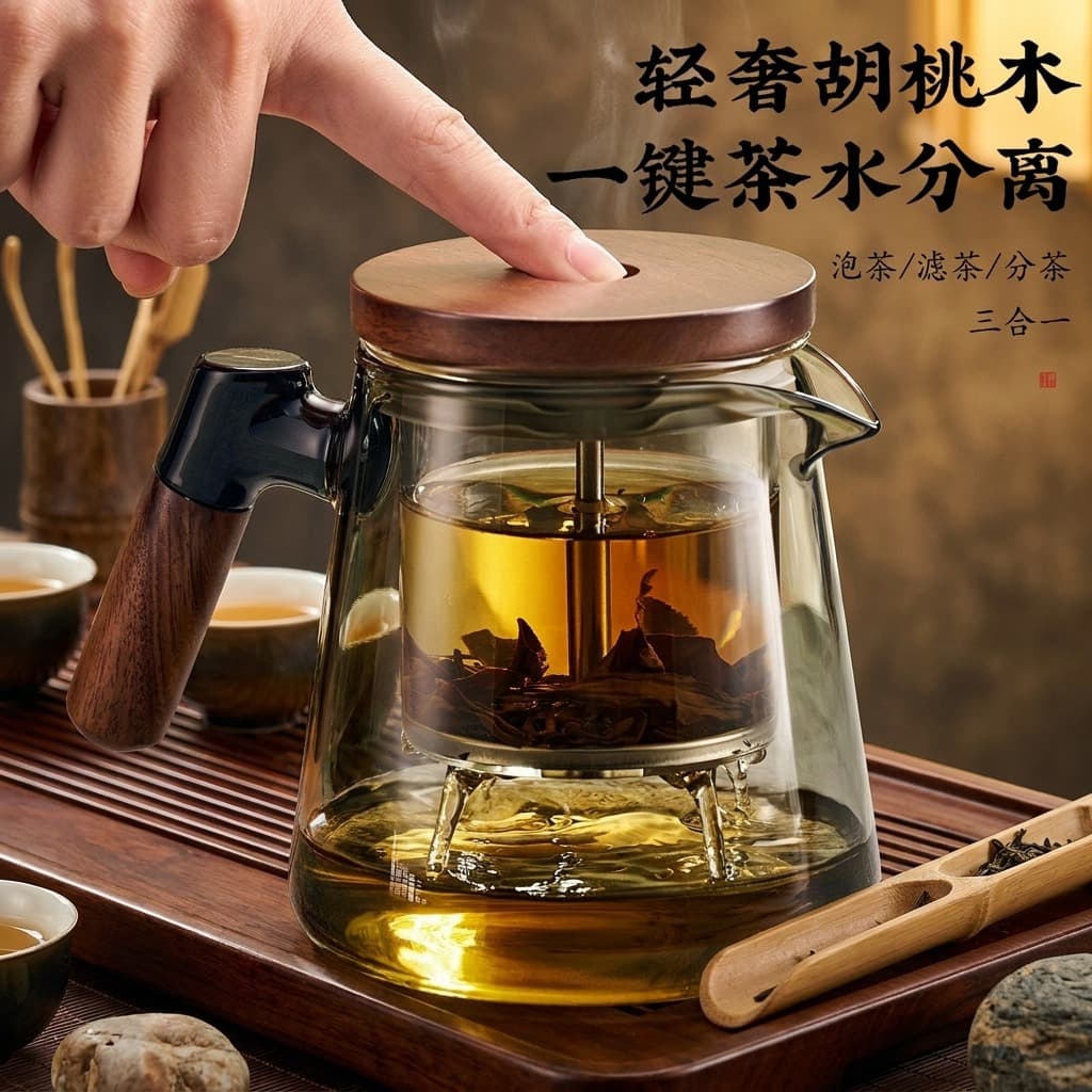 2026 New Style Easy-Pour Teapot for Home Use, One-Button Tea-Water Separation Glass Infuser, Premium Effortless Tea Brewer