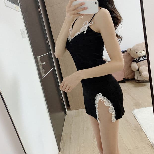Sexy Lace Babydoll Sleepwear for Women, Summer Cute Slim Fit Sheer Nightgown with Removable Pads, Home Lounge Dress