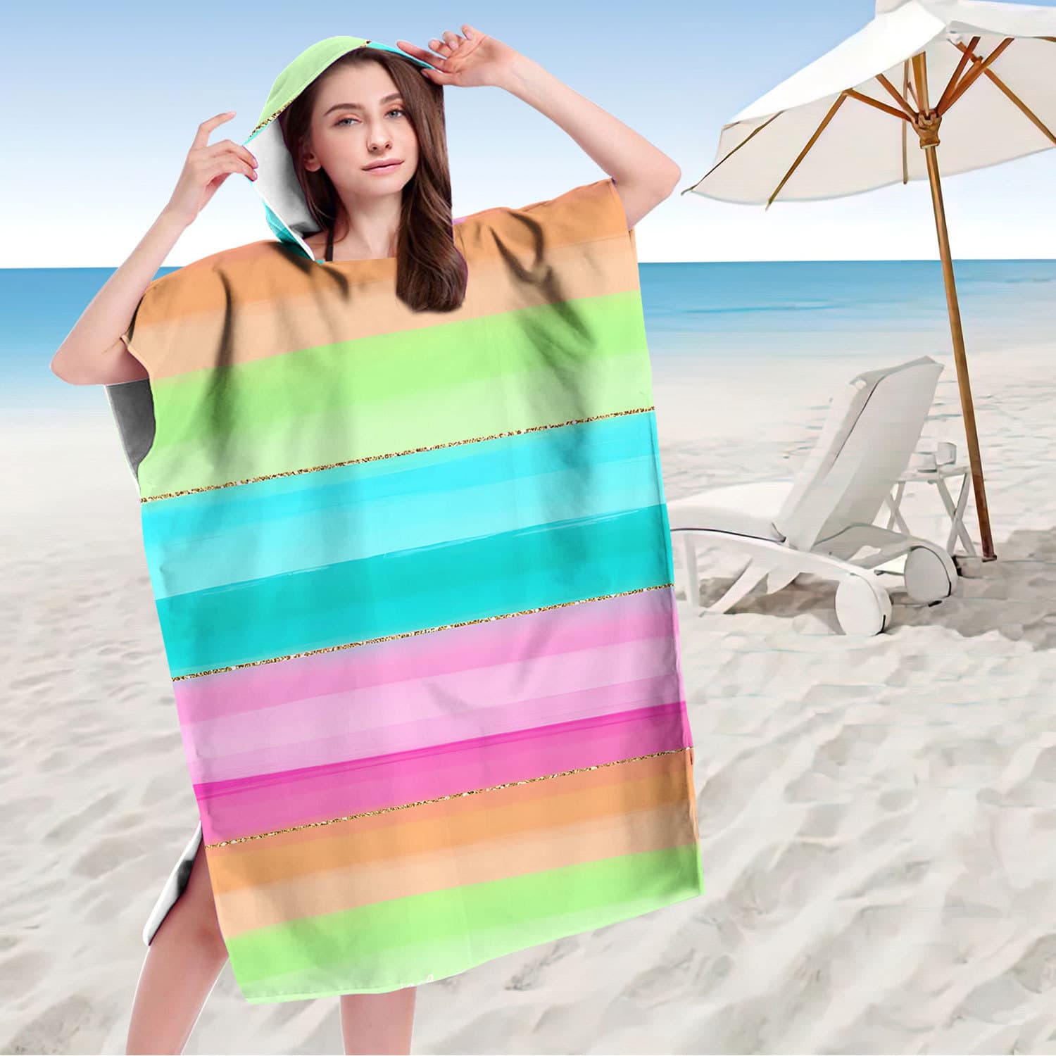 Hooded Wearable Bath Towel Beach Towel Cape Seaside Changing Towel Printed Hooded Towel Microfiber Geometric Series