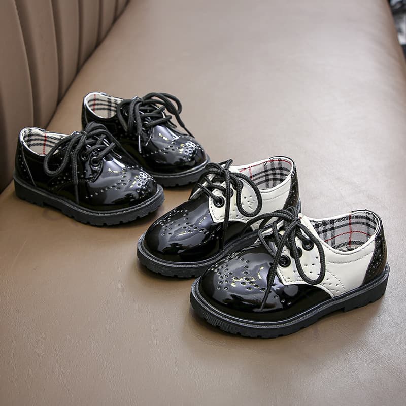 Children's Patent Leather Dress Shoes, Baby Host Performance Lace-Up Shoes, Fashionable British Style Boys' Leather Shoes for Middle and Big Kids