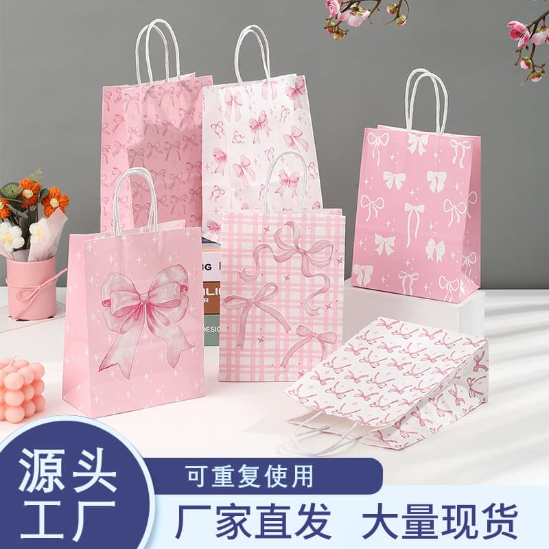 New hot selling pink kraft paper bag small fresh bow printed handbag candy packaging storage bag wholesale