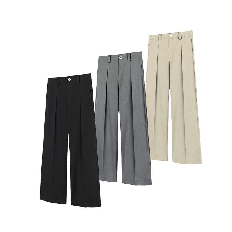 Basic Pleated A-Line Casual Wide-Leg Drapey Loose Dress Pants Commuter Straight-Leg Trousers Men Breathable High-Waist Straight-Leg