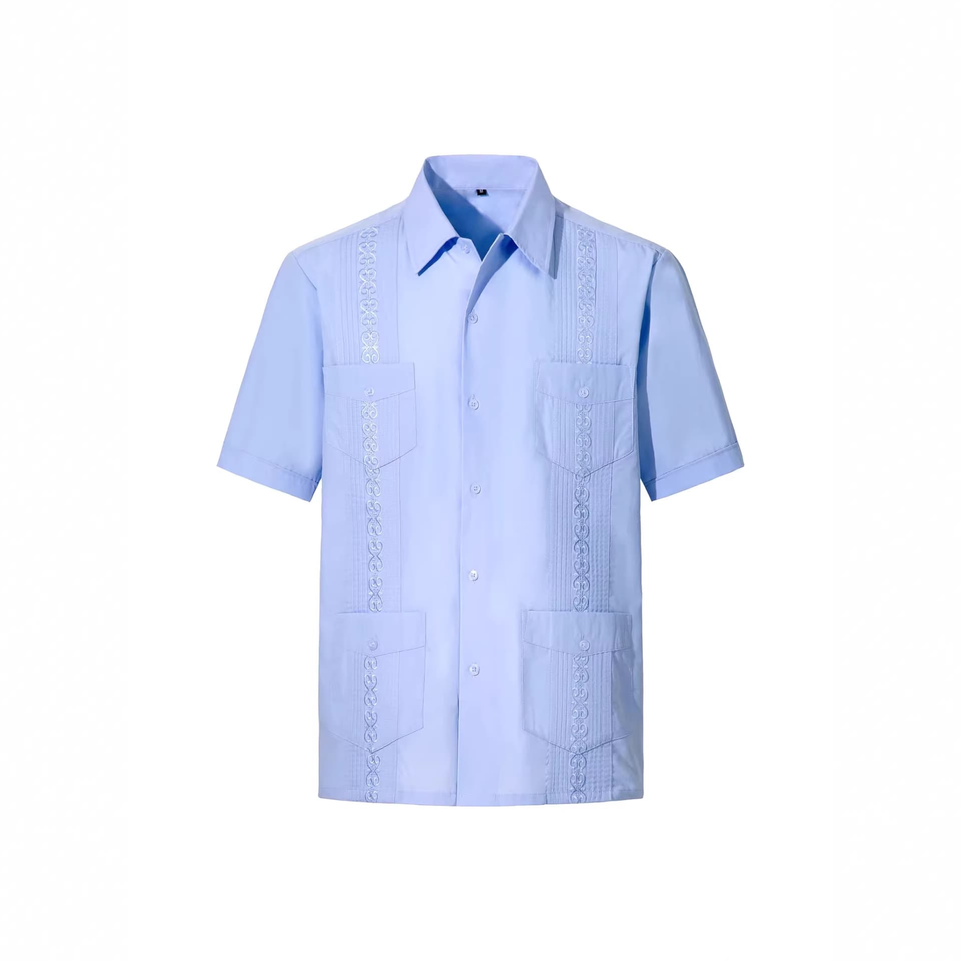 Dachen Men's Shirt Factory European and American Men's Guayabera Striped Shirt Men's Short Sleeve Four-Pocket Shirt