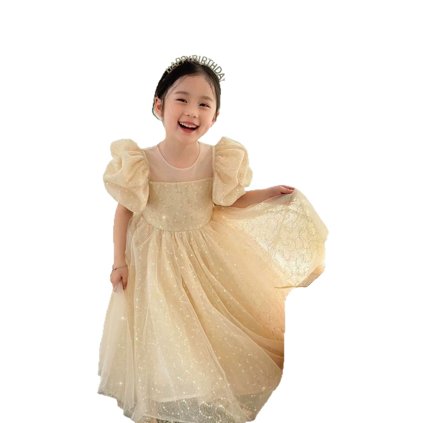 New Summer Kids Piano Performance Dress, Birthday Bubble Sleeve Princess Gown, High-End Luxury Dress