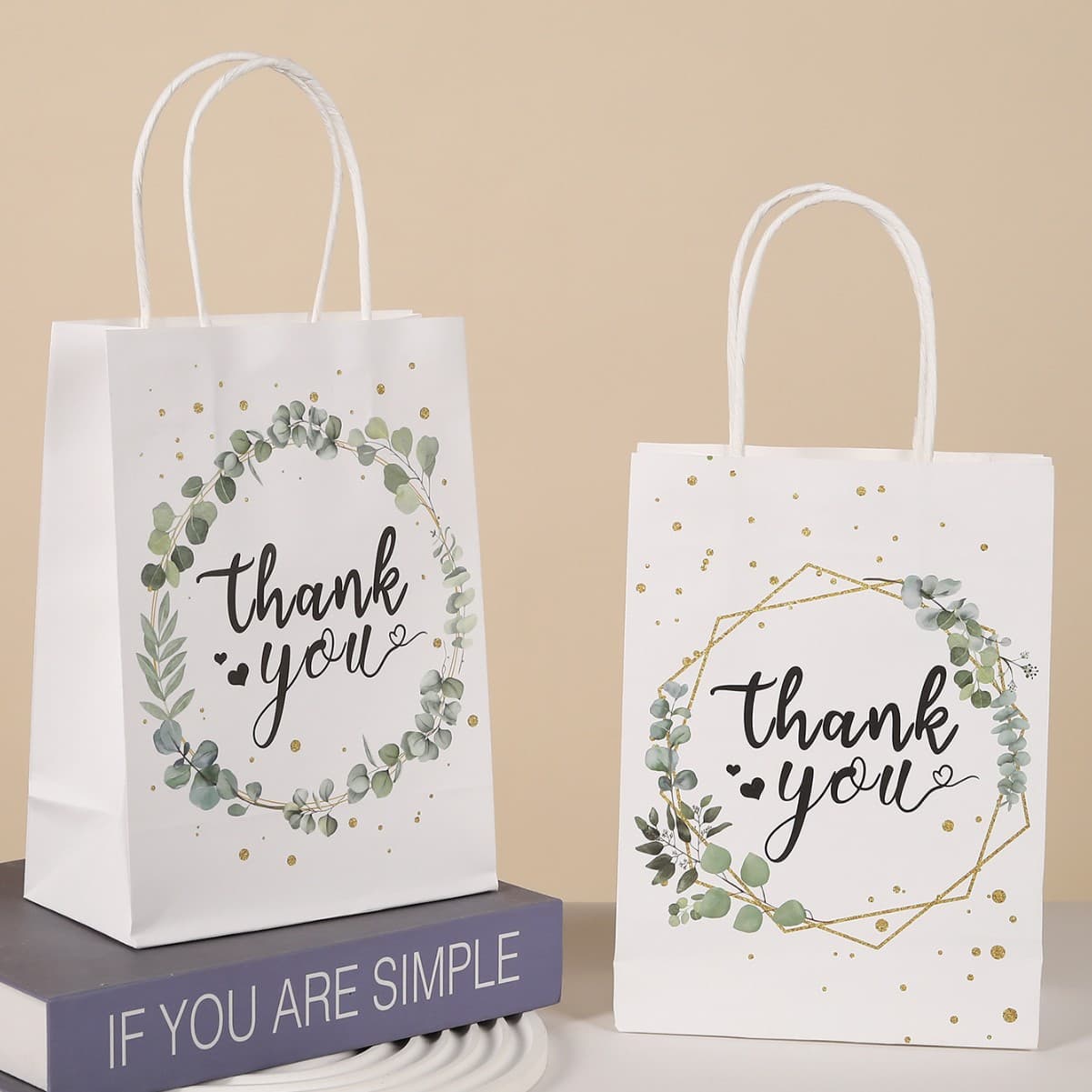 In Stock Green Leaf Thank You Party Gift Packaging Bags Color Printed White Kraft Paper Handbag