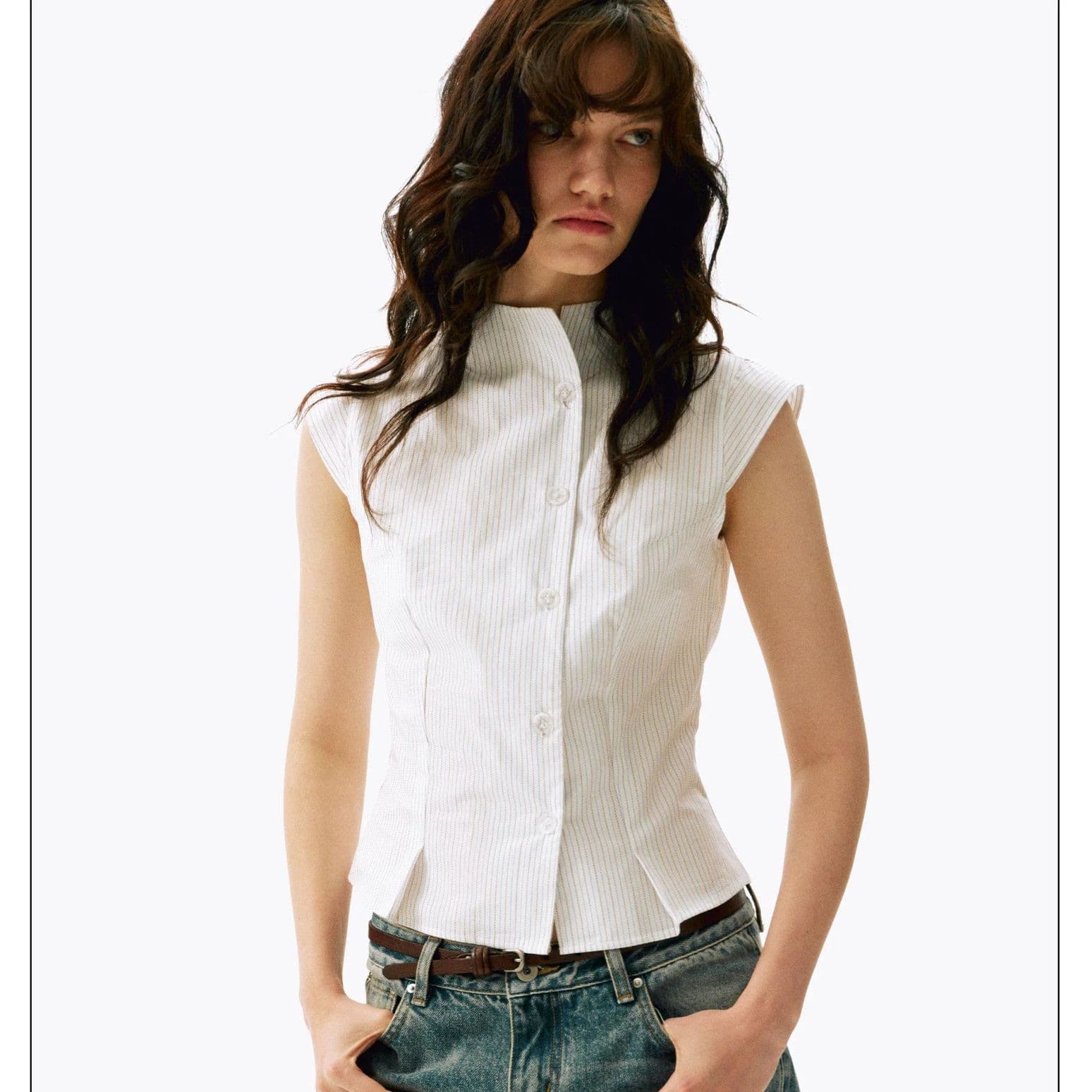 Cross-border INS retro pinstripe stand-up collar shirt women's single-breasted waist slimming short commuter temperament vest batch