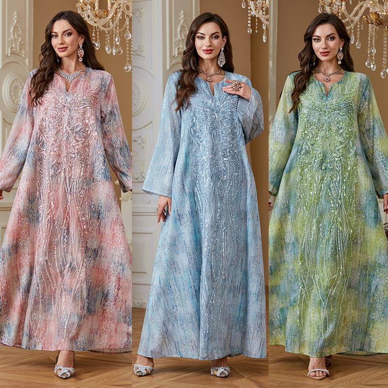 AB560 Cross-Border E-Commerce Best-Selling High-Quality V-Neck Printed Long Dress with Sequin Applique Fashion Plus Size Women's Dress