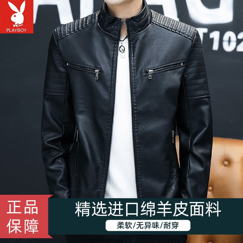 Haining Trendy New Genuine Leather Jacket, Men's Sheepskin Short Stand Collar Stylish Biker Jacket for Spring and Autumn