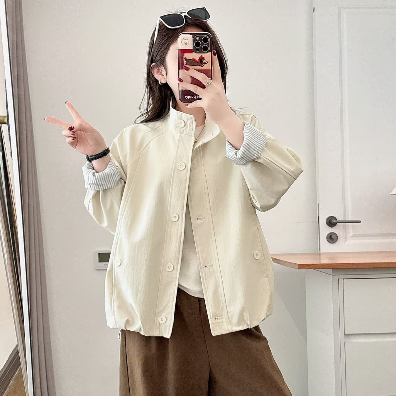 2026 Spring Plus Size Slimming Versatile Solid Color Stand Collar Jacket Top for Plus Size Women 200 lbs Coat 9512