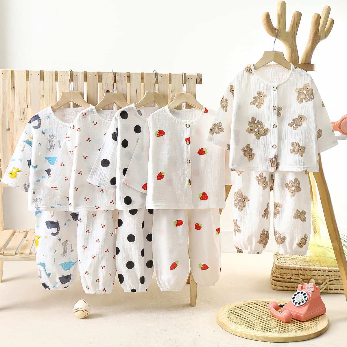Children's Lightweight Double-Layer Muslin Sleepwear 2-Piece Set, Summer Women's Home Clothes, Men's Baby Long Sleeve Bloomers Suit