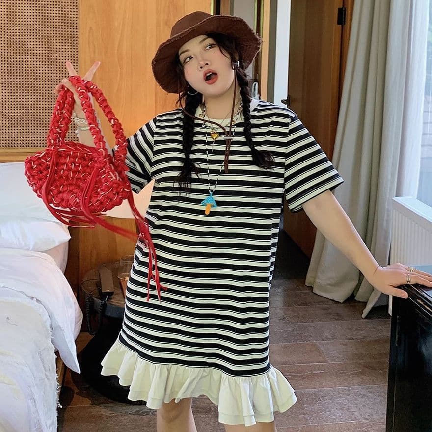 Maternity Dress Summer New Style Petite Loose Hem Patchwork Striped Mid-Length T-Shirt Dress for Pregnant Women