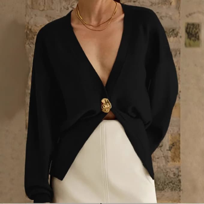 Solid color V-neck long-sleeved cardigan 2024 spring and autumn European and American cross-border temperament V-neck one-button long-sleeved waist top