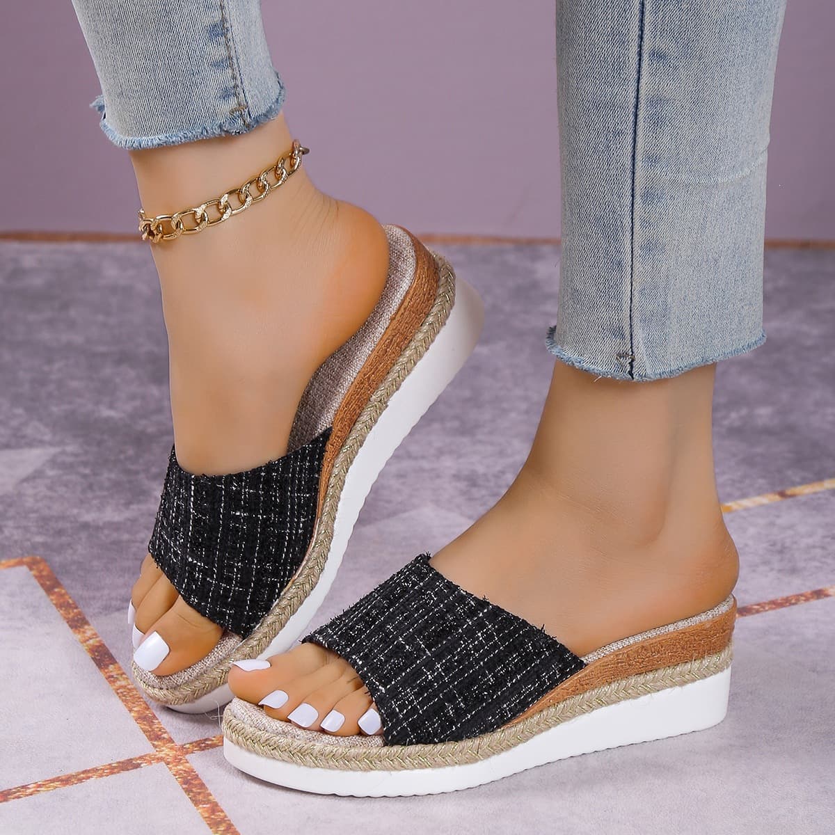 Women's Cross-Border Foreign Trade Wedge Sandals 2026 Summer New Style Thick-Soled Mid-Heel Casual Beach Open-Toe Straw Sandals Size 43