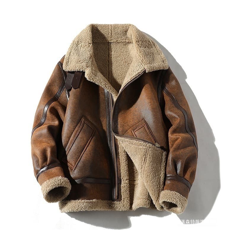 New winter men's large size air force fur all-in-one motorcycle leather jacket with velvet and thickening to keep warm and windproof
