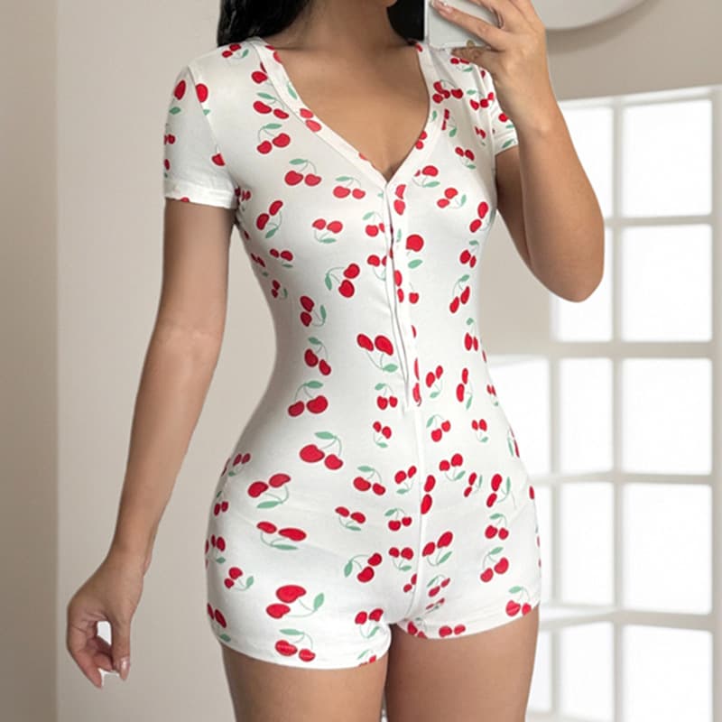Pure Desire Cute Jumpsuit Summer Basic Button-Up Spliced Everyday Cherry Season Home Slim Fit Atmosphere New Print