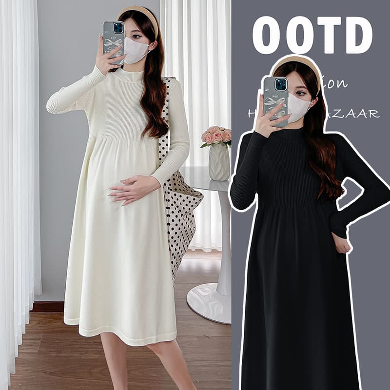 New autumn/winter maternity sweater dress, stylish high neck, wide skirt, concealing belly.
