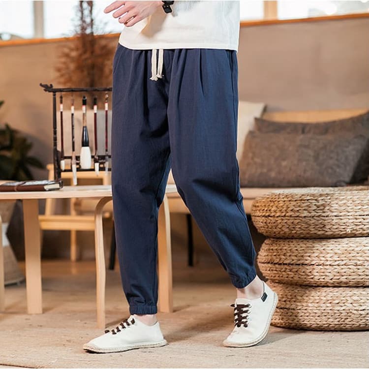 Chinese Style Casual Pants Men Summer New Loose Korean Style Trendy 9-Point Jogger Pants Solid Color Linen Harem Pants