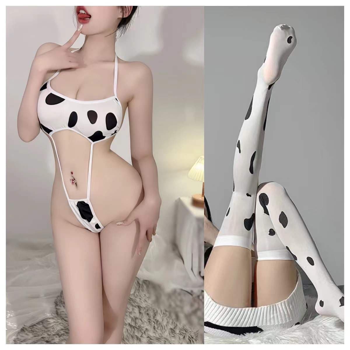 Sexy anime-style cow-print bodysuit with laces, perfect for passionate, no-undressing, cute and alluring role-playing.