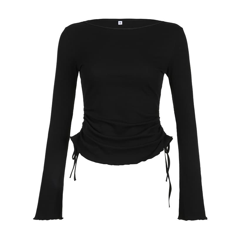 European and American ins style pure desire tie simple drawstring long sleeve T-shirt, elegant waist-slimming fitted versatile Y2K top