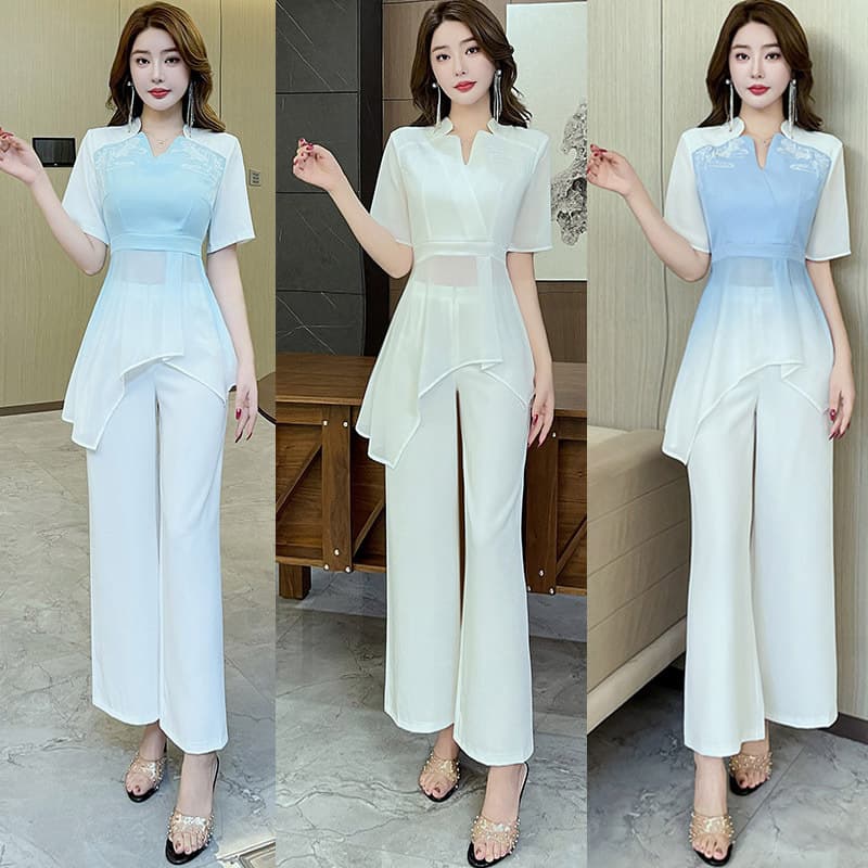 Beautician Workwear SPA Foot Bath Technician Work Clothes, National Style Embroidery Foot Therapy Uniform, Foot Bath Workwear Pants Set