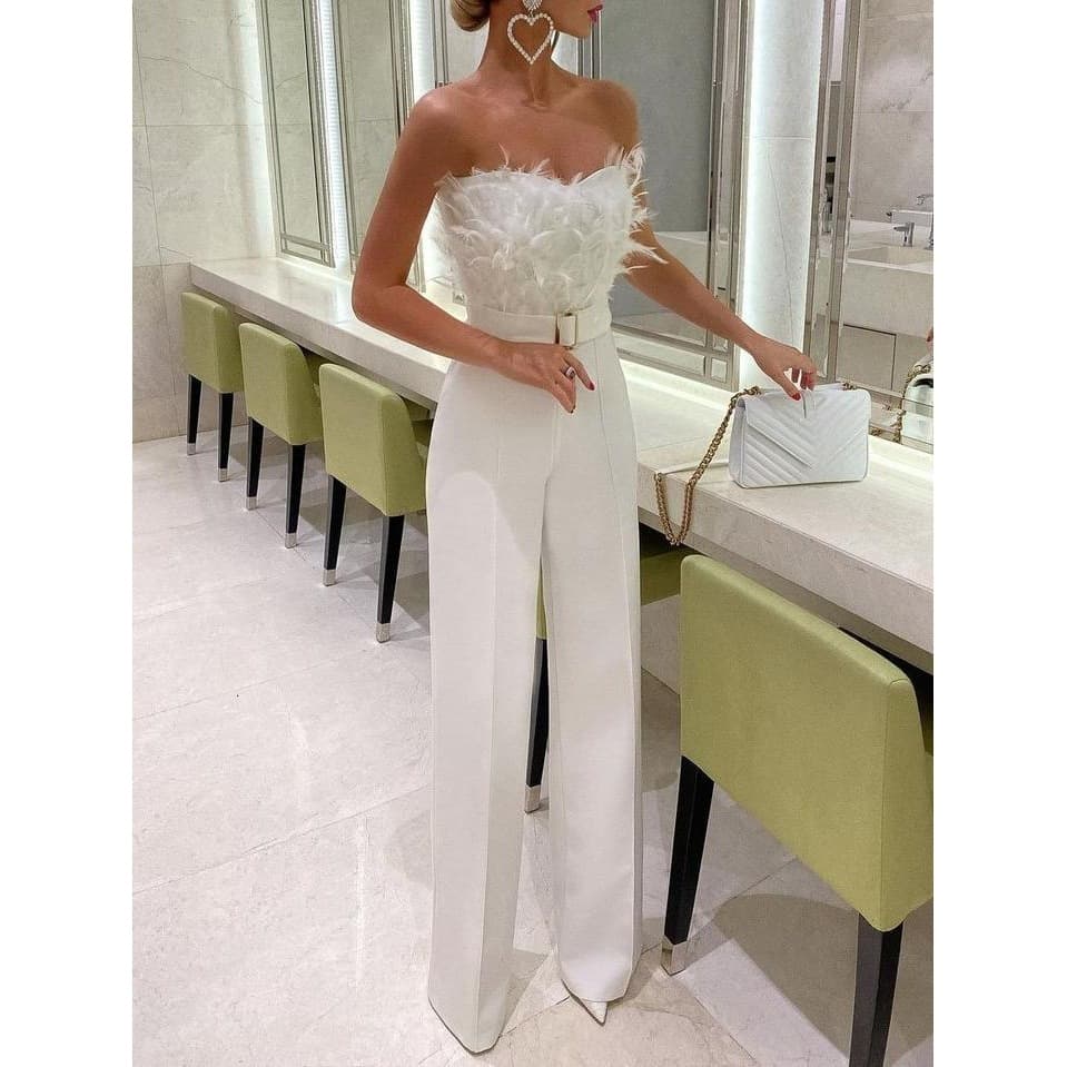 Women Sexy Party Evening Dress European and American Feather Bustier Sexy Fashion Jumpsuit