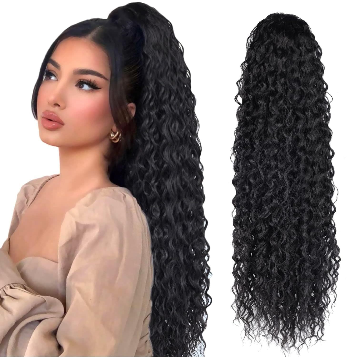 Cross-border Europe and America Wig Ponytail 24-inch Small Curl Drawstring Ponytail Mesh Small Curl Synthetic Fiber Wig