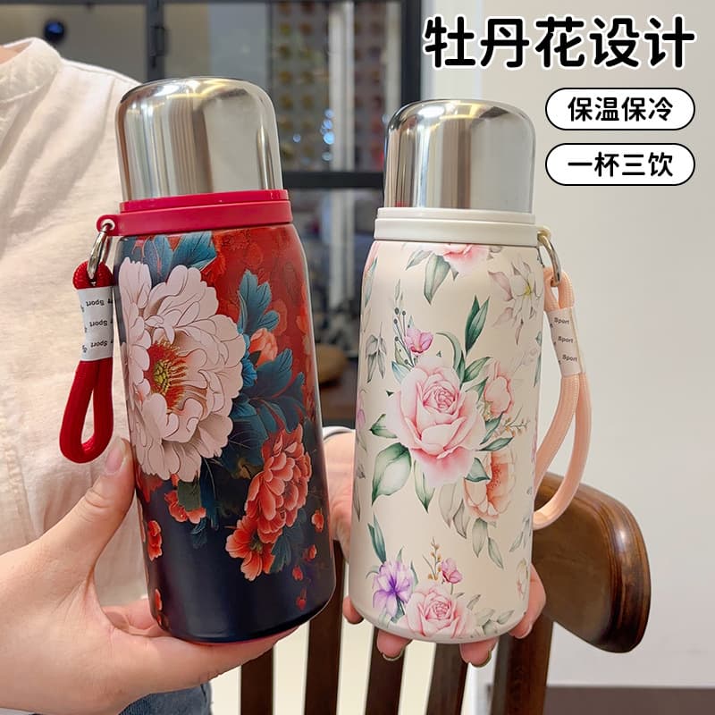 Guofeng Retro Thermos Cup Blooming Rich Printing Thermos Pot 316 Stainless Steel Women's High Color Value Fashion Water Cup