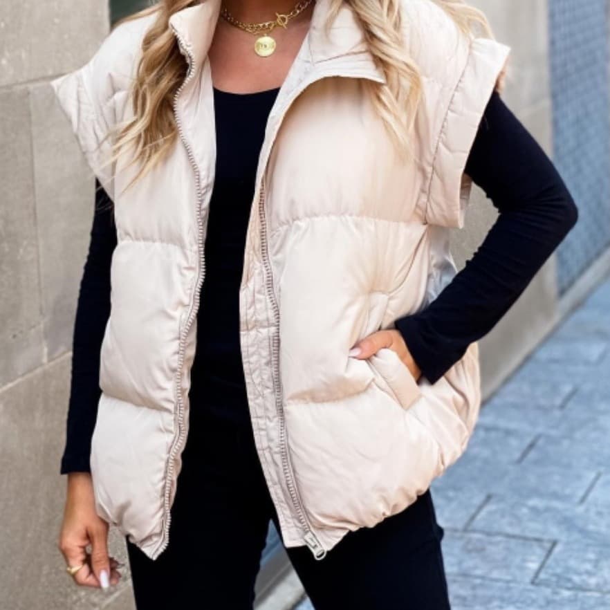 2025 cross-border European and American new style women's solid color zipper pocket cotton vest fashion stand collar elegant commuting coat