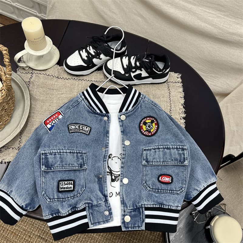 Boys Jacket Spring 2026 New Stylish Korean Denim Jacket Girls Fashionable Baseball Jacket