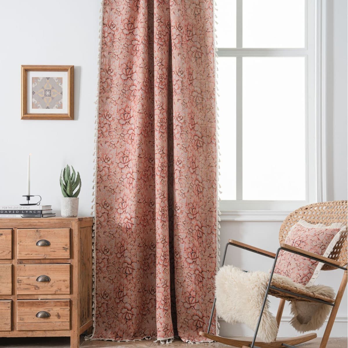 Qixin Curtain Pink Succulent Floral Jacquard Tassel Curtain Finished Kitchen Curtain Bay Window Semi-Sheer
