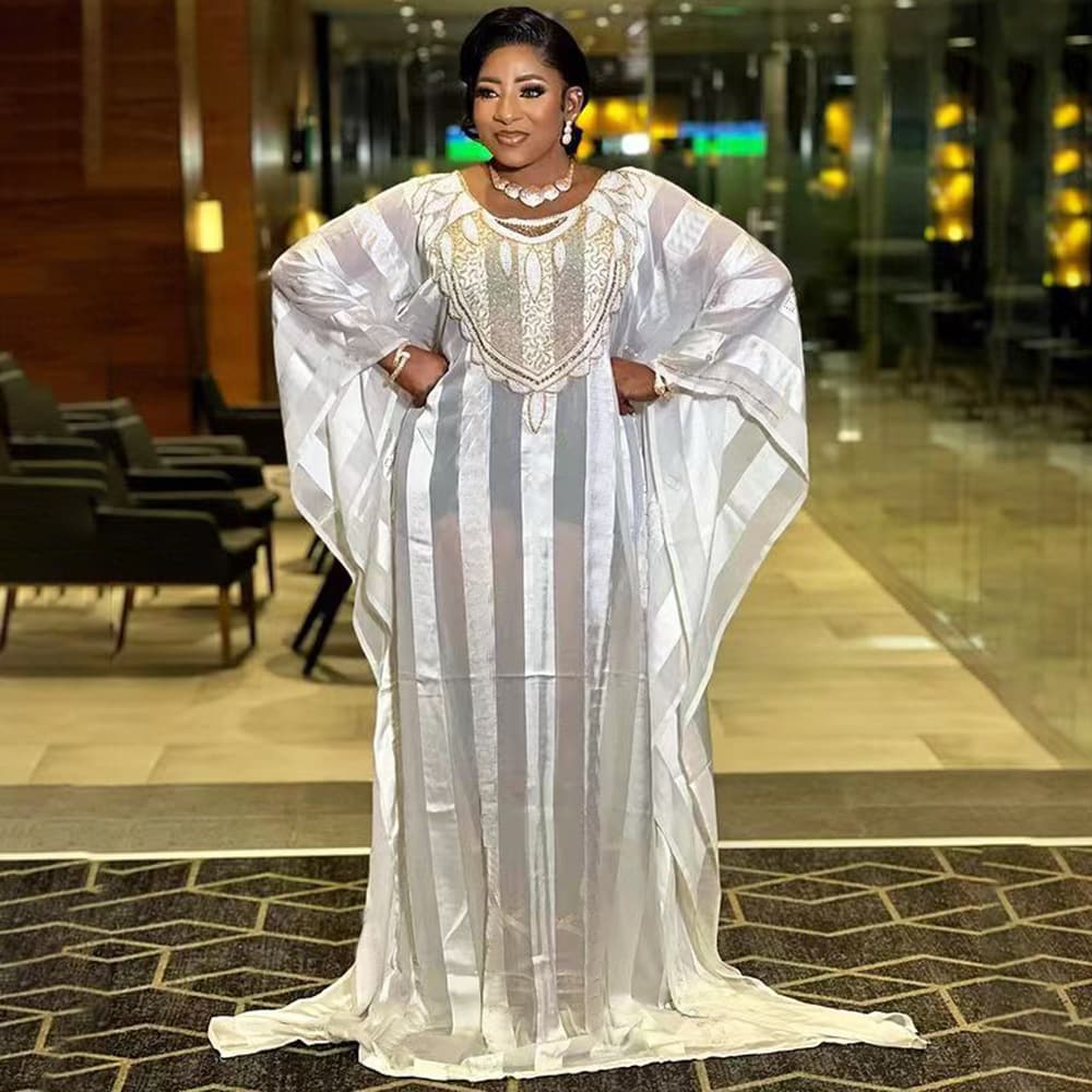 Export cross-border African ethnic clothing dress, flare skirt chiffon hot-fix rhinestone robe digital print with inner slip