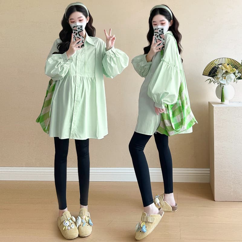 In Stock 2025 Autumn New Maternity Dress Mid-Length Pregnant Blouse Dress Korean Trendy Mom