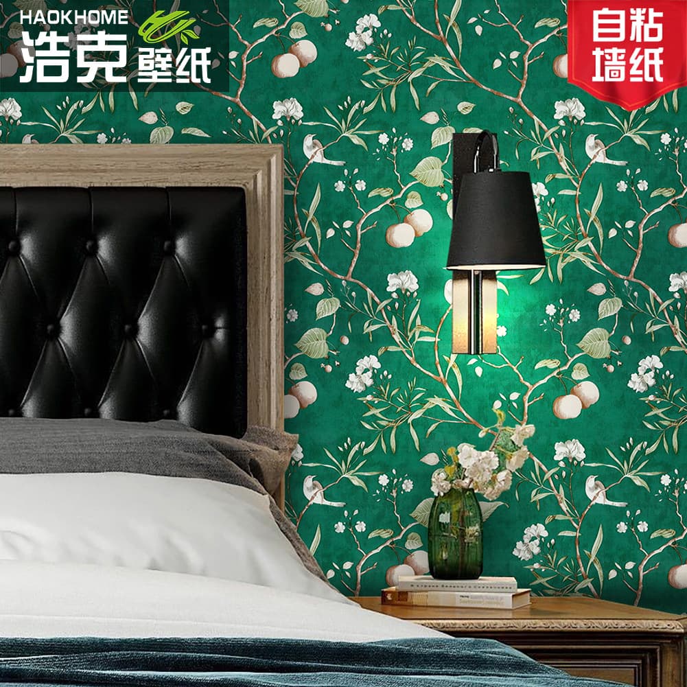 6 meters retro dark green flower, bird and fruit tree self-adhesive wall sticker, medieval style bedroom living room background waterproof renovation wallpaper