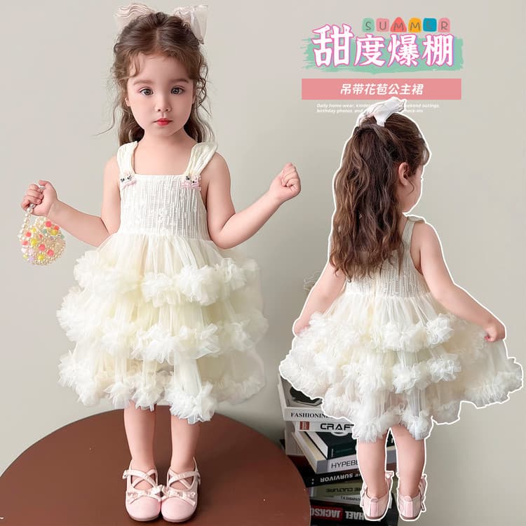 Girls Summer Dress 2026 New Style Cat Flower Dress Fashion Sweet Strapless Layered Princess Dress