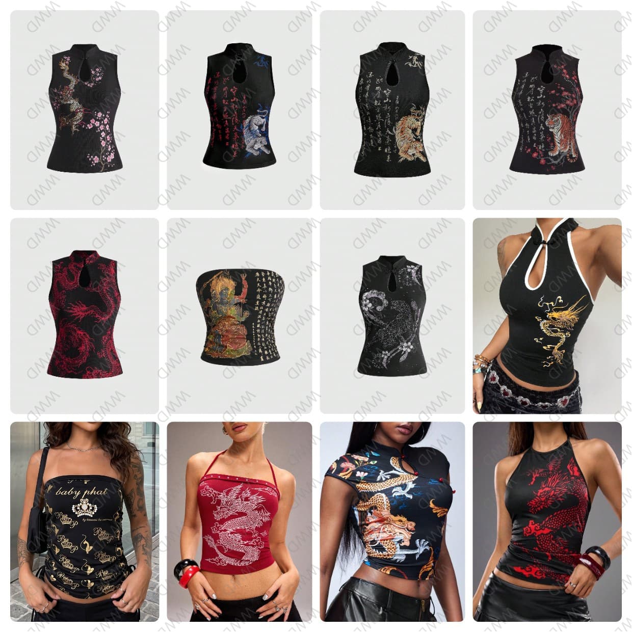 New Chinese Style National Embroidery Sleeveless Top Women's Stand Collar Hollow Out Dragon Pattern Tiger Pattern Printed Crop Waist T-Shirt