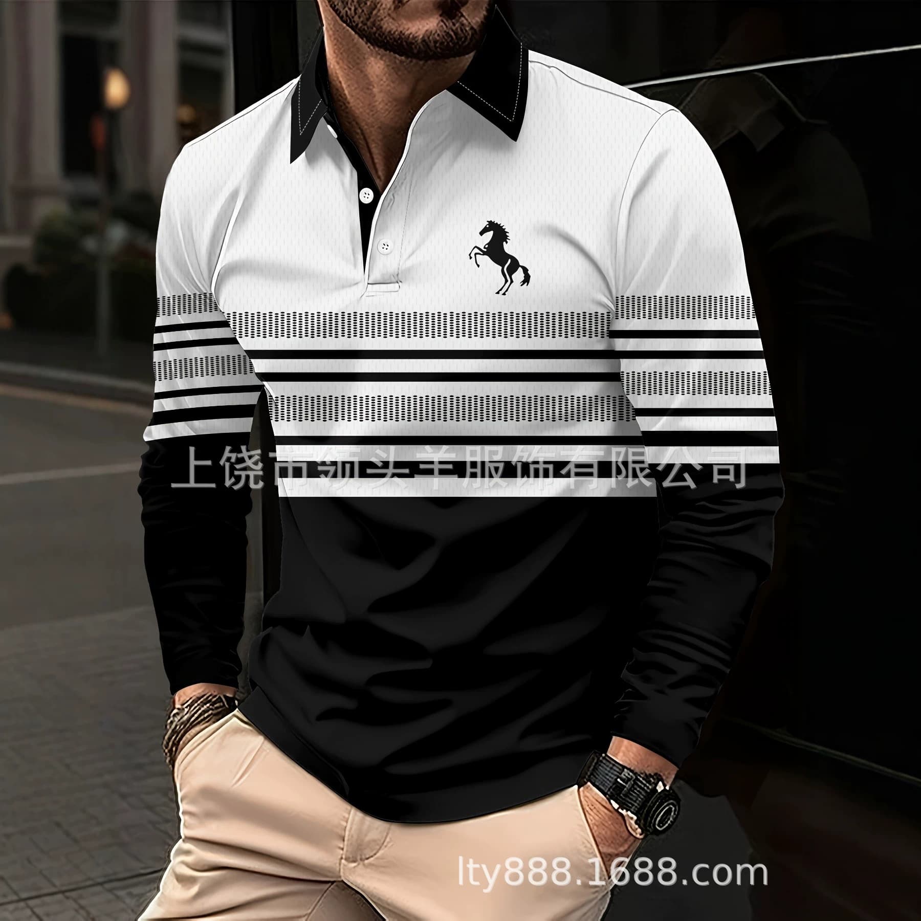 Cross-border Men's Black and White Striped Horse Print Long Sleeve Polo Shirt Casual Business Top Factory