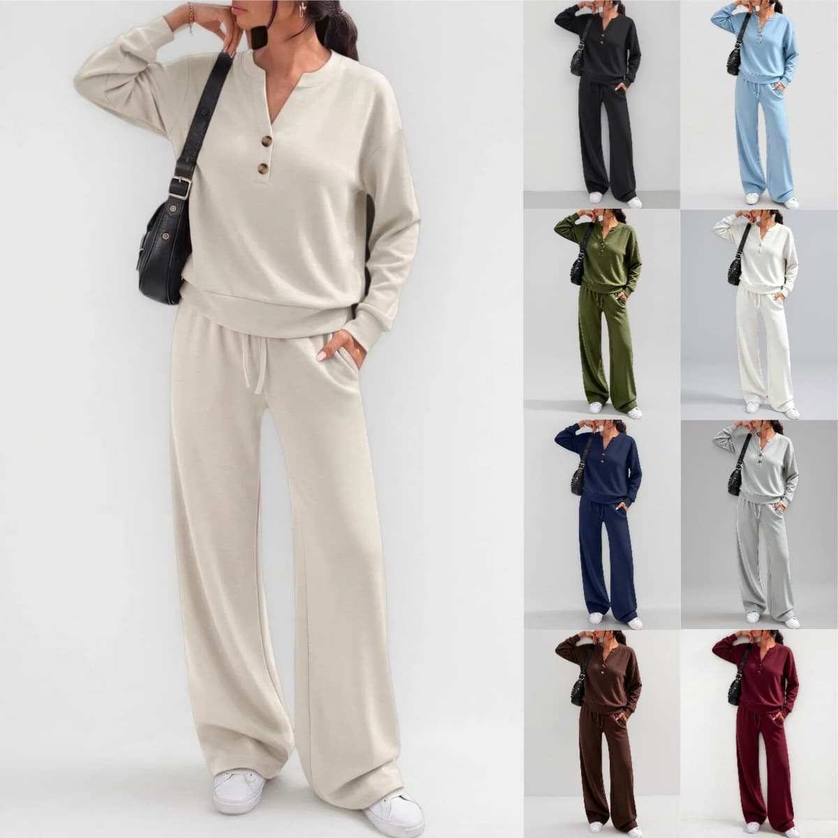 2026 European and American Fashion Women's Autumn/Winter New Style Loose Long-Sleeve Top and Wide-Leg Pants Casual Two-Piece Set