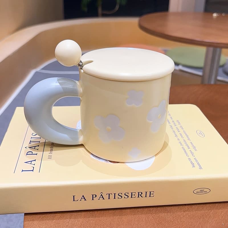 Ceramic Mug with Lid and Spoon, High Appearance Breakfast Cup for Women, Office Coffee Cup, Couple Gift Water Cup