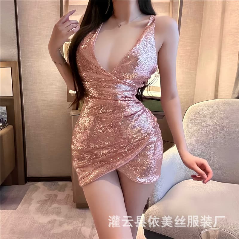 Mannyu Sexy Lingerie Hot Bodycon Dress Shiny Nightclub Tempting Women's Backless Slip Dress Uniform No Need to Remove 9248