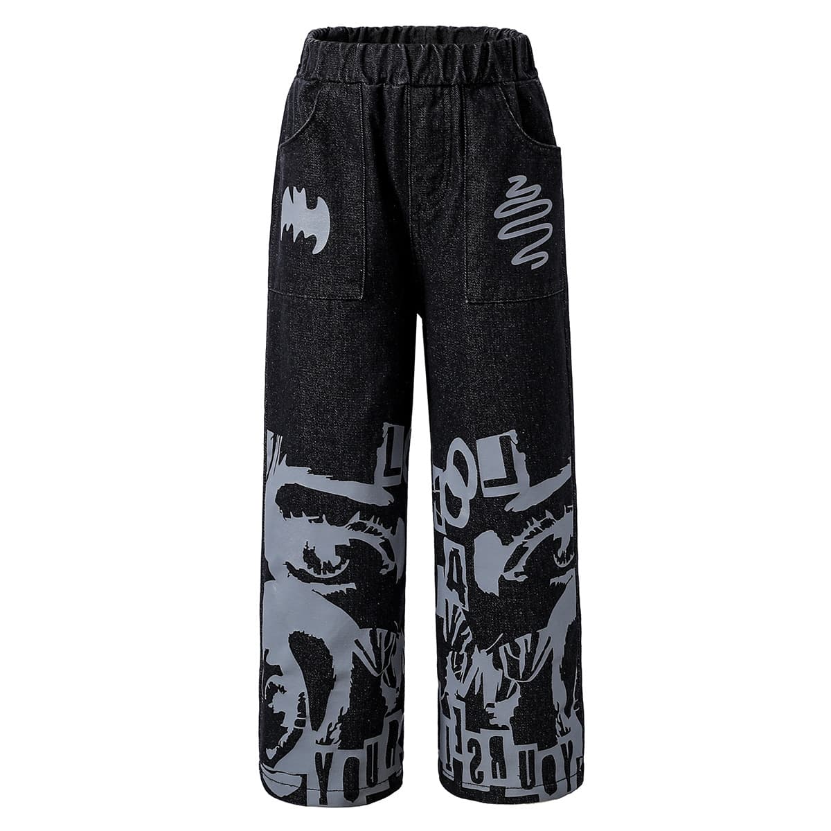 Cross-border Children's Jeans Black Personalized Print Patchwork Wide-Leg Pants Elastic Waist American Style Girls Straight-Leg Trousers